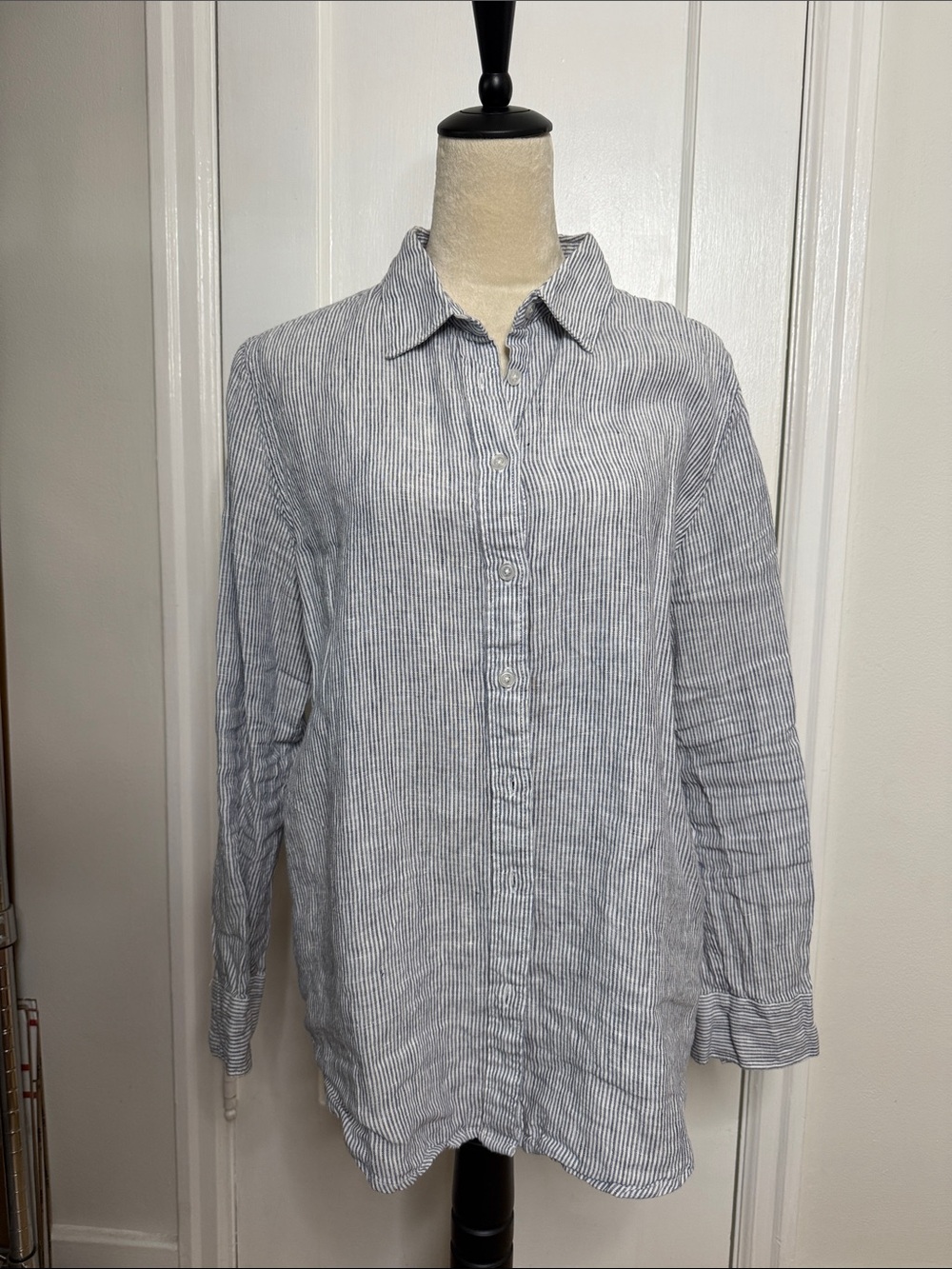Quince Blue & White Pinstripe Linen Button-Down Shirt Size L